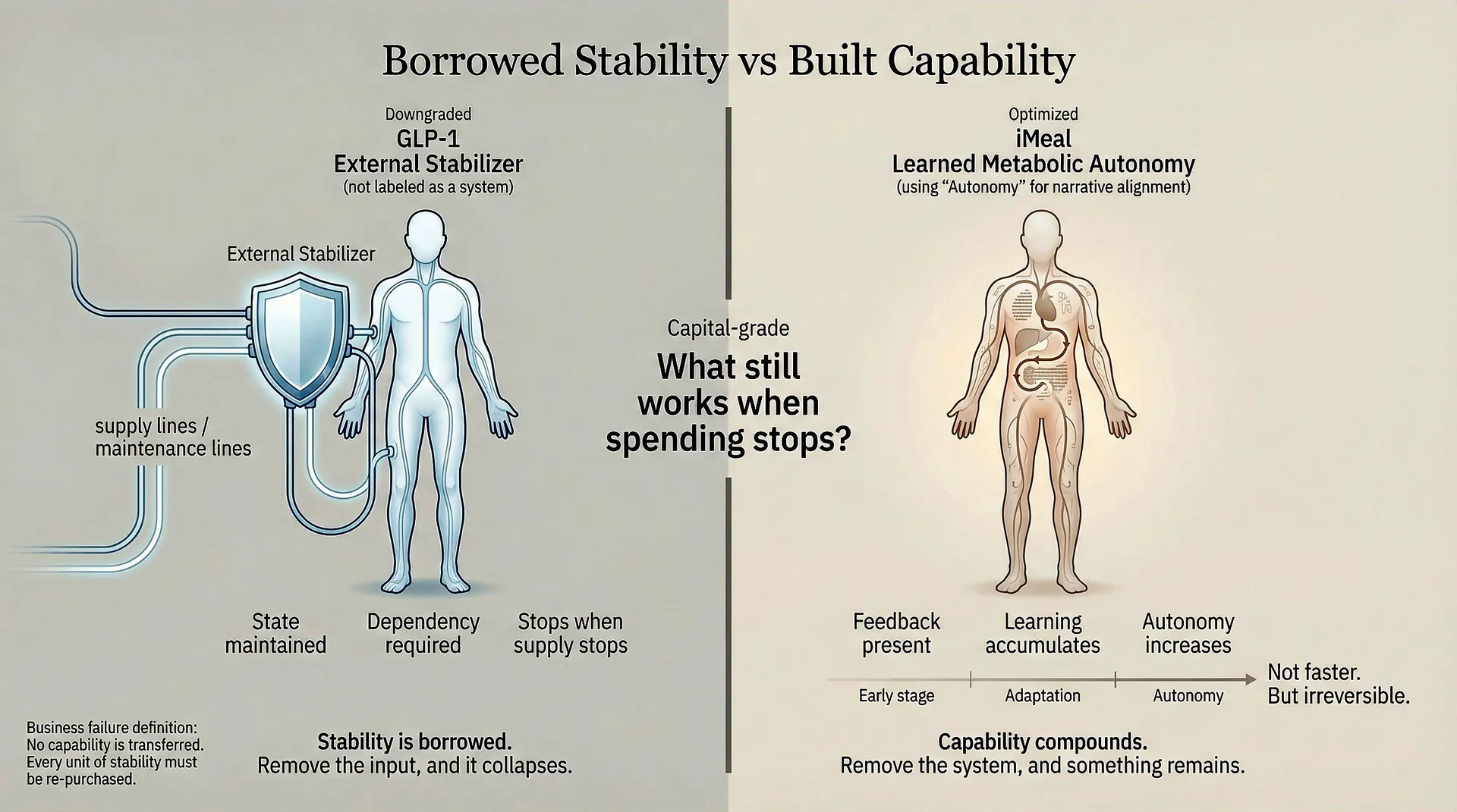 Borrowed Stability vs Built Capability - GLP-1 External Stabilizer vs iMeal Learned Metabolic Autonomy