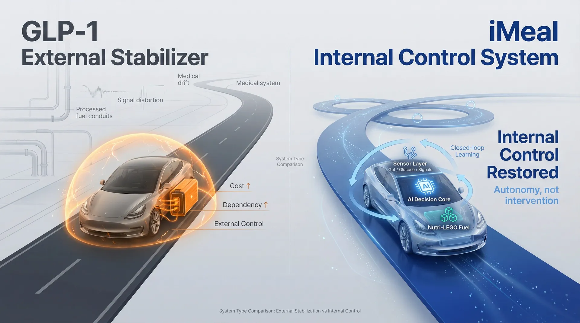 GLP-1 External Stabilizer vs iMeal Internal Control System - 系统类型对比