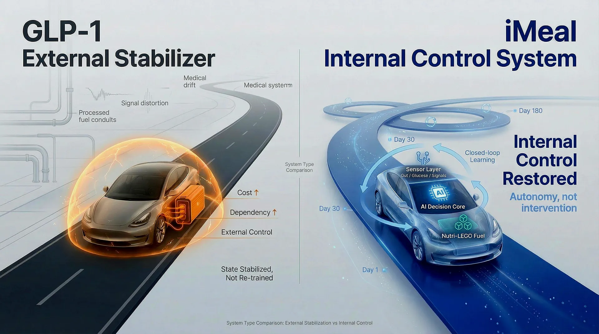 GLP-1 vs iMeal Timeline Comparison - Day 1 to Day 180 progression