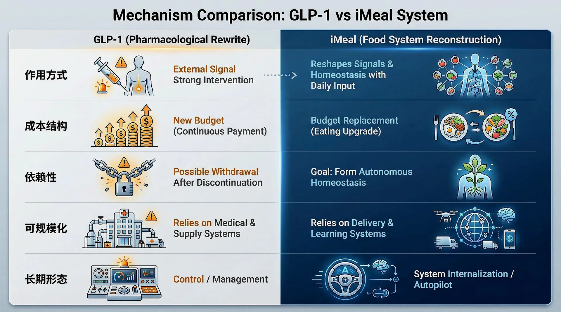 Mechanism Comparison: GLP-1 vs iMeal System - 药物 vs 食物系统机制对比